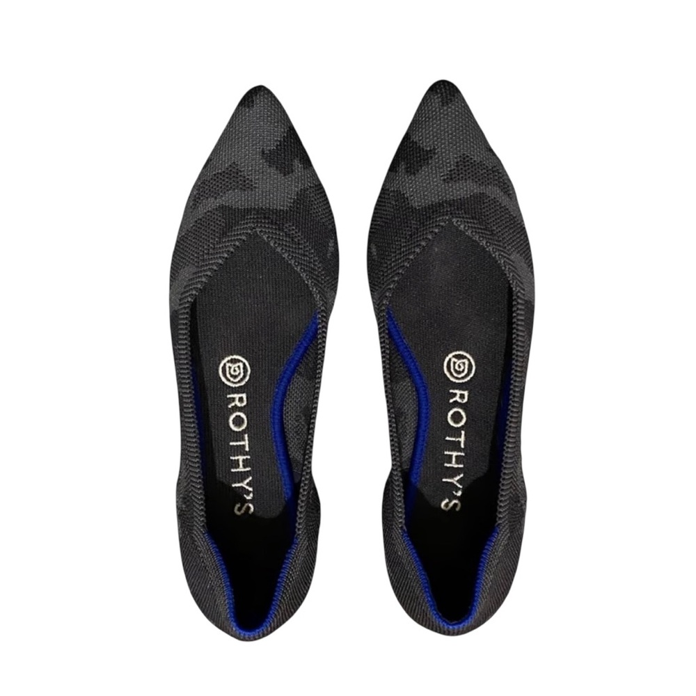 Rothy's Black Pointed Toe Flats with Royal Blue Trim